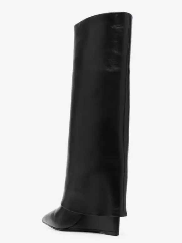 Bottes hautes noires à talons compensés et rabattables pour femmes