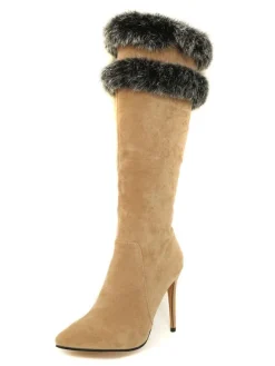 Bottes hautes pour femme en micro daim fausse fourrure bout pointu talon aiguille bottes d'hiver