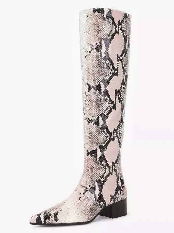 Bottes hautes pour femmes à bout pointu et talon épais à motif serpent