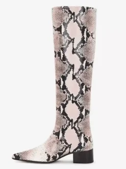 Bottes hautes pour femmes à bout pointu et talon épais à motif serpent