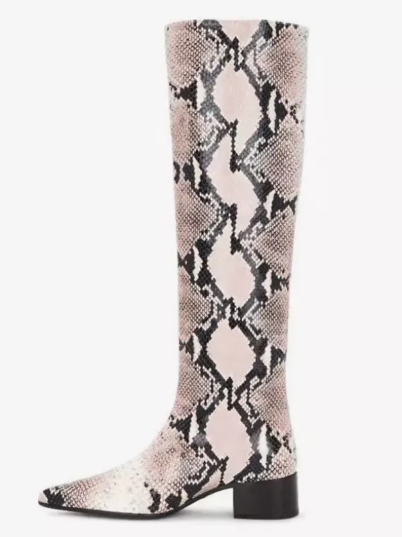 Bottes hautes pour femmes à bout pointu et talon épais à motif serpent