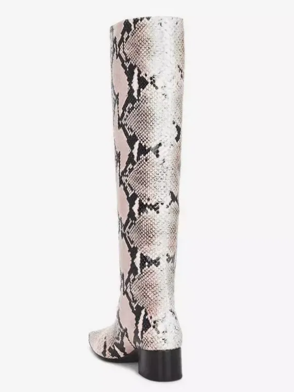 Bottes hautes pour femmes à bout pointu et talon épais à motif serpent