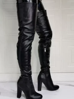Bottes hautes pour femmes en cuir PU noir à talons épais et hauts au-dessus du genou