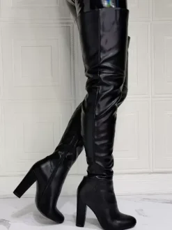 Bottes hautes pour femmes en cuir PU noir à talons épais et hauts au-dessus du genou