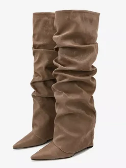 Bottes hautes pour femmes en daim à bout pointu et à rabat plat