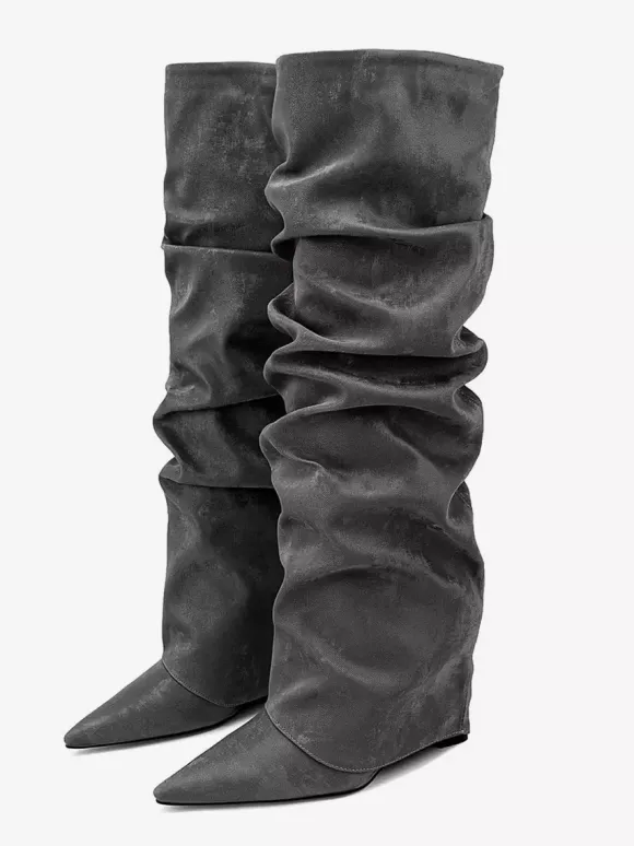Bottes hautes pour femmes en daim à bout pointu et à rabat plat