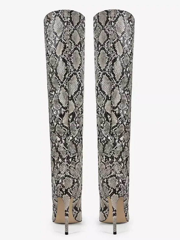 Bottes hautes pour femmes motif serpent bout pointu bottes à talons hauts