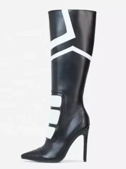 Bottes hautes pour femmes patchwork bout pointu talon aiguille style motard