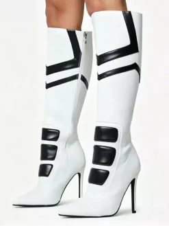 Bottes hautes pour femmes patchwork bout pointu talon aiguille style motard