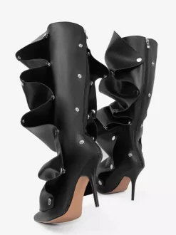 Bottes hautes roses pour femmes bout pointu talon haut amovible longueur genou