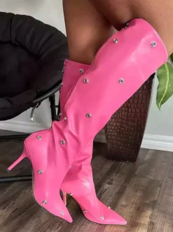 Bottes hautes roses pour femmes bout pointu talon haut amovible longueur genou