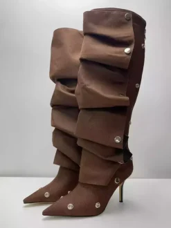 Bottes hautes roses pour femmes bout pointu talon haut amovible longueur genou
