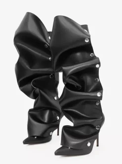 Bottes hautes roses pour femmes bout pointu talon haut amovible longueur genou