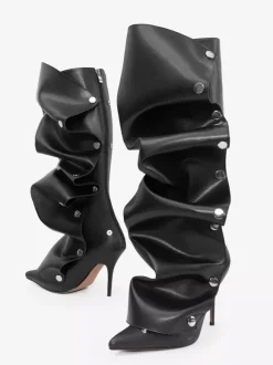 Bottes hautes roses pour femmes bout pointu talon haut amovible longueur genou