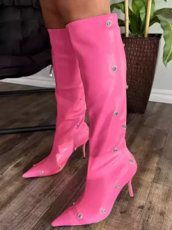 Bottes hautes roses pour femmes bout pointu talon haut amovible longueur genou