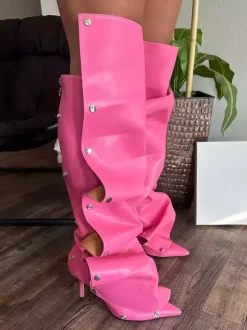 Bottes hautes roses pour femmes bout pointu talon haut amovible longueur genou