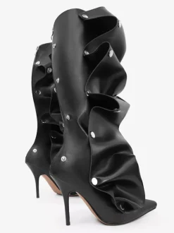 Bottes hautes roses pour femmes bout pointu talon haut amovible longueur genou