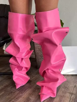 Bottes hautes roses pour femmes bout pointu talon haut amovible longueur genou