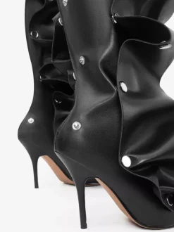 Bottes hautes roses pour femmes bout pointu talon haut amovible longueur genou