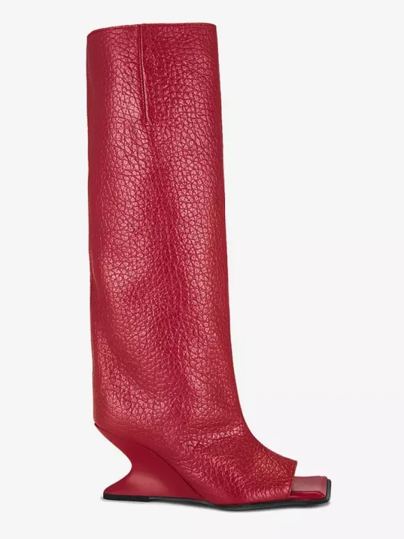 Bottes hautes rouges à bout ouvert et talon conçu bottes longueur genou