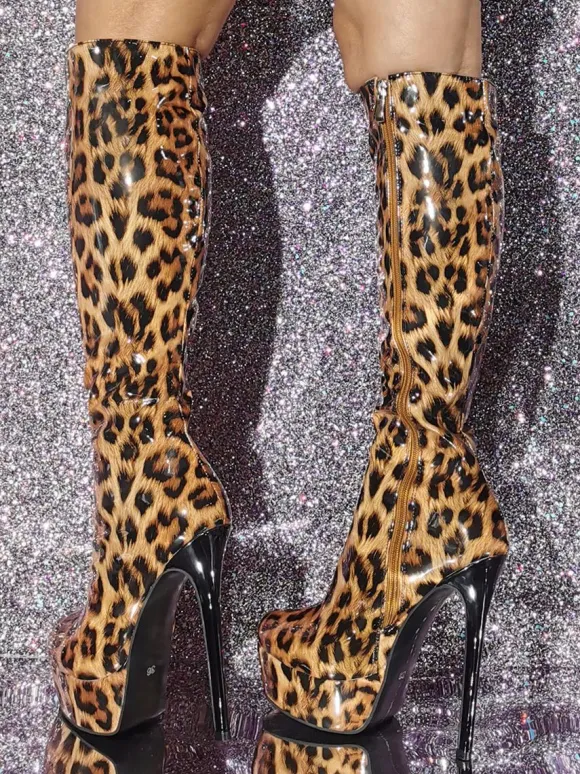 Bottes hautes à talon aiguille en PU verni chaussures pour femmes