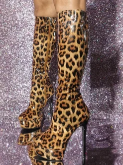 Bottes hautes à talon aiguille en PU verni chaussures pour femmes