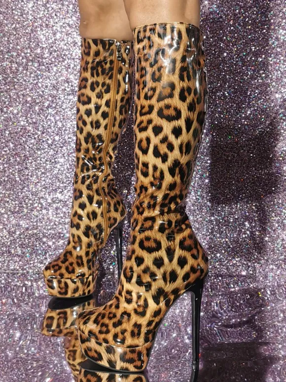 Bottes hautes à talon aiguille en PU verni chaussures pour femmes
