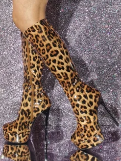 Bottes hautes à talon aiguille en PU verni chaussures pour femmes
