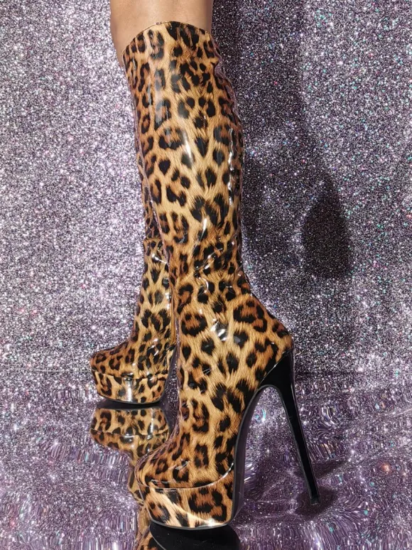 Bottes hautes à talon aiguille en PU verni chaussures pour femmes