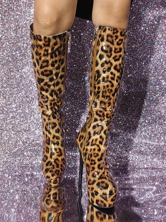 Bottes hautes à talon aiguille en PU verni chaussures pour femmes
