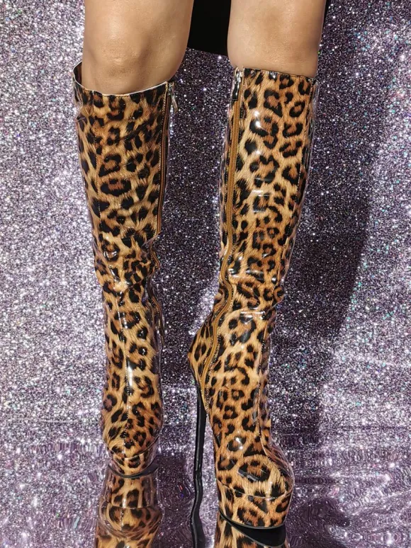 Bottes hautes à talon aiguille en PU verni chaussures pour femmes