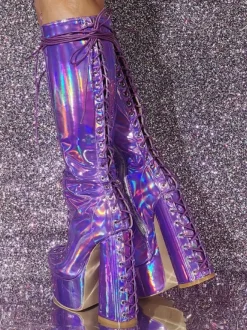 Bottes hautes à talons épais et plateforme sexy pour femmes bottes à lacets métalliques