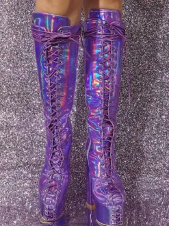 Bottes hautes à talons épais et plateforme sexy pour femmes  bottes à lacets métalliques