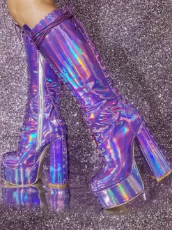 Bottes hautes à talons épais et plateforme sexy pour femmes  bottes à lacets métalliques
