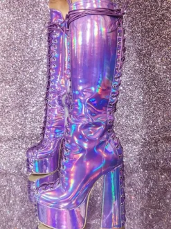 Bottes hautes à talons épais et plateforme sexy pour femmes  bottes à lacets métalliques