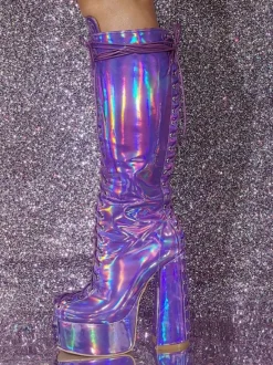 Bottes hautes à talons épais et plateforme sexy pour femmes  bottes à lacets métalliques