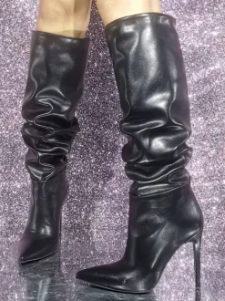 Bottes hauteur genou en cuir PU à talon aiguille pour femmes