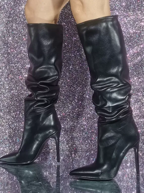 Bottes hauteur genou en cuir PU à talon aiguille pour femmes