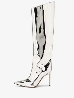 Bottes hauteur genou rouge bout pointu cuir brillant talon aiguille bottes longueur genou pour femme