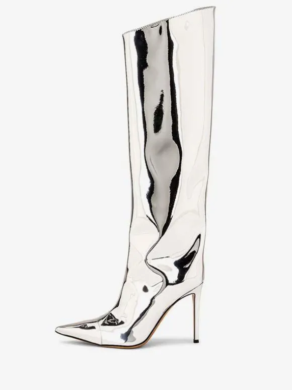Bottes hauteur genou rouge bout pointu cuir brillant talon aiguille bottes longueur genou pour femme