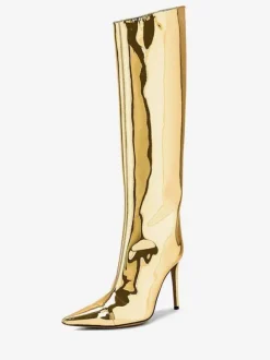 Bottes hauteur genou rouge bout pointu cuir brillant talon aiguille bottes longueur genou pour femme