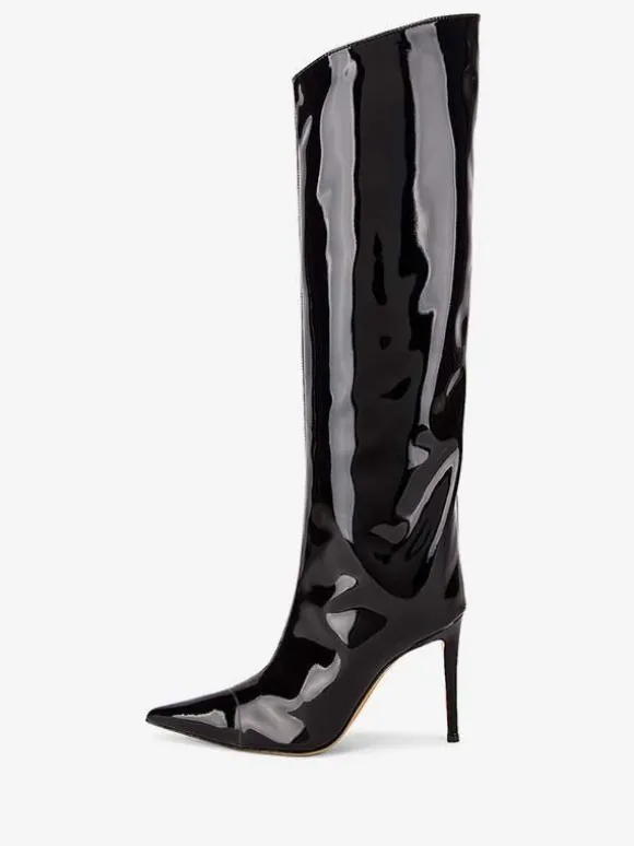 Bottes hauteur genou rouge bout pointu cuir brillant talon aiguille bottes longueur genou pour femme