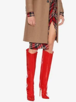 Bottes hauteur genou rouge bout pointu cuir brillant talon aiguille bottes longueur genou pour femme