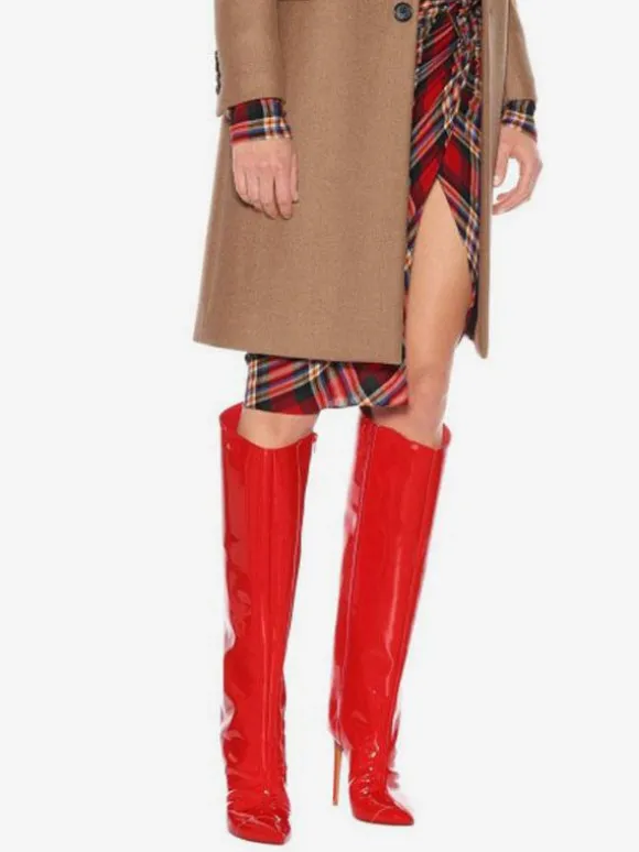 Bottes hauteur genou rouge bout pointu cuir brillant talon aiguille bottes longueur genou pour femme