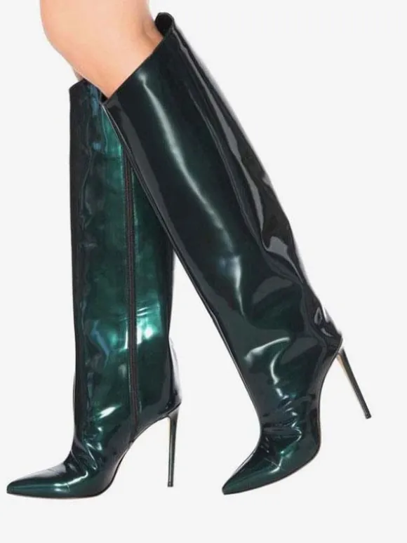Bottes hauteur genou rouge bout pointu cuir brillant talon aiguille bottes longueur genou pour femme
