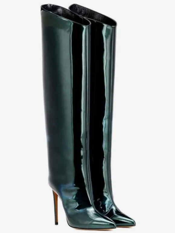 Bottes hauteur genou rouge bout pointu cuir brillant talon aiguille bottes longueur genou pour femme