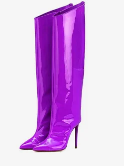 Bottes hauteur genou rouge bout pointu cuir brillant talon aiguille bottes longueur genou pour femme
