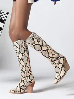 Bottes hauteur genou à talon de forme spéciale en cuir PU imprimé serpent pour femmes