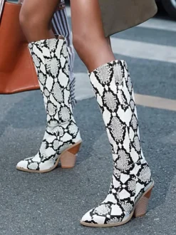 Bottes hauteur genou à talon de forme spéciale en cuir PU imprimé serpent pour femmes