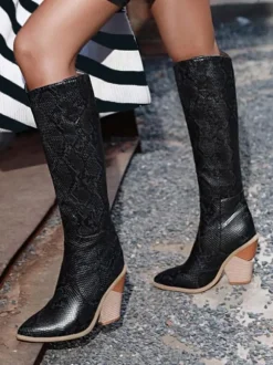 Bottes hauteur genou à talon de forme spéciale en cuir PU imprimé serpent pour femmes